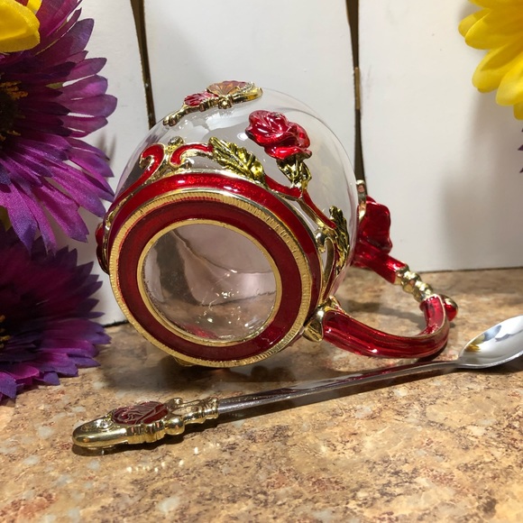 New Kpcuistic Red Rose & Butterfly Tea/Coffee Mug W/Silver Spoon & Coaster - Picture 4 of 11